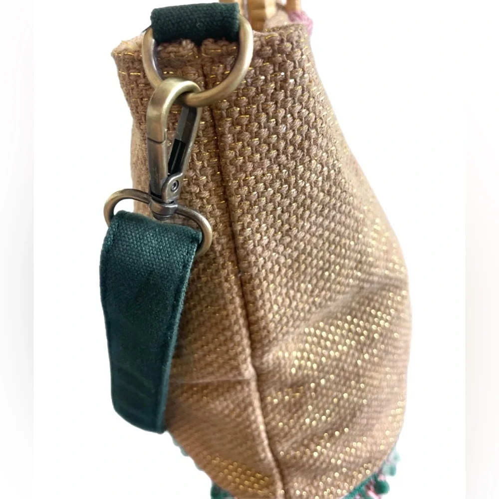 Chic Cherry Beaded Tote Bag with Bamboo Handles and Crossbody Strap